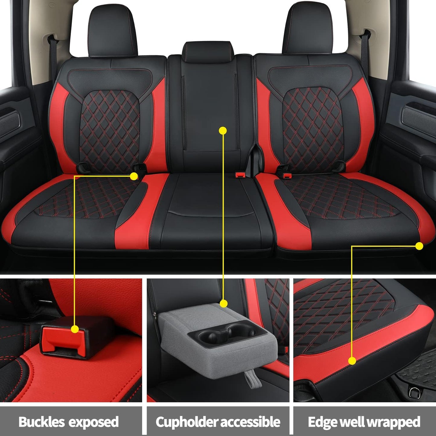 LUCKYMANCLUB Ram 1500Seat Covers,2011-2024,1500/2500/3500Crew Cab Waterproof Seat Covers FullSet, Custom Fit Ram Bighorn Laramie Limited Rebel Longhorn Pickup with 4/6 Split Rear Seat