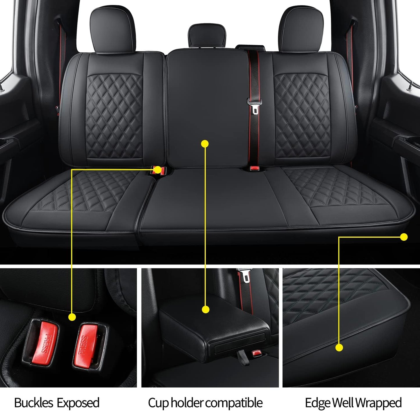 LUCKYMAN CLUB F150 Faux Leather Seat Covers Fit for 2015-2024 F150 SuperCrew and 2017-2024 F250 F350 F450 Super Duty Crew Cab Pickup Trucks
