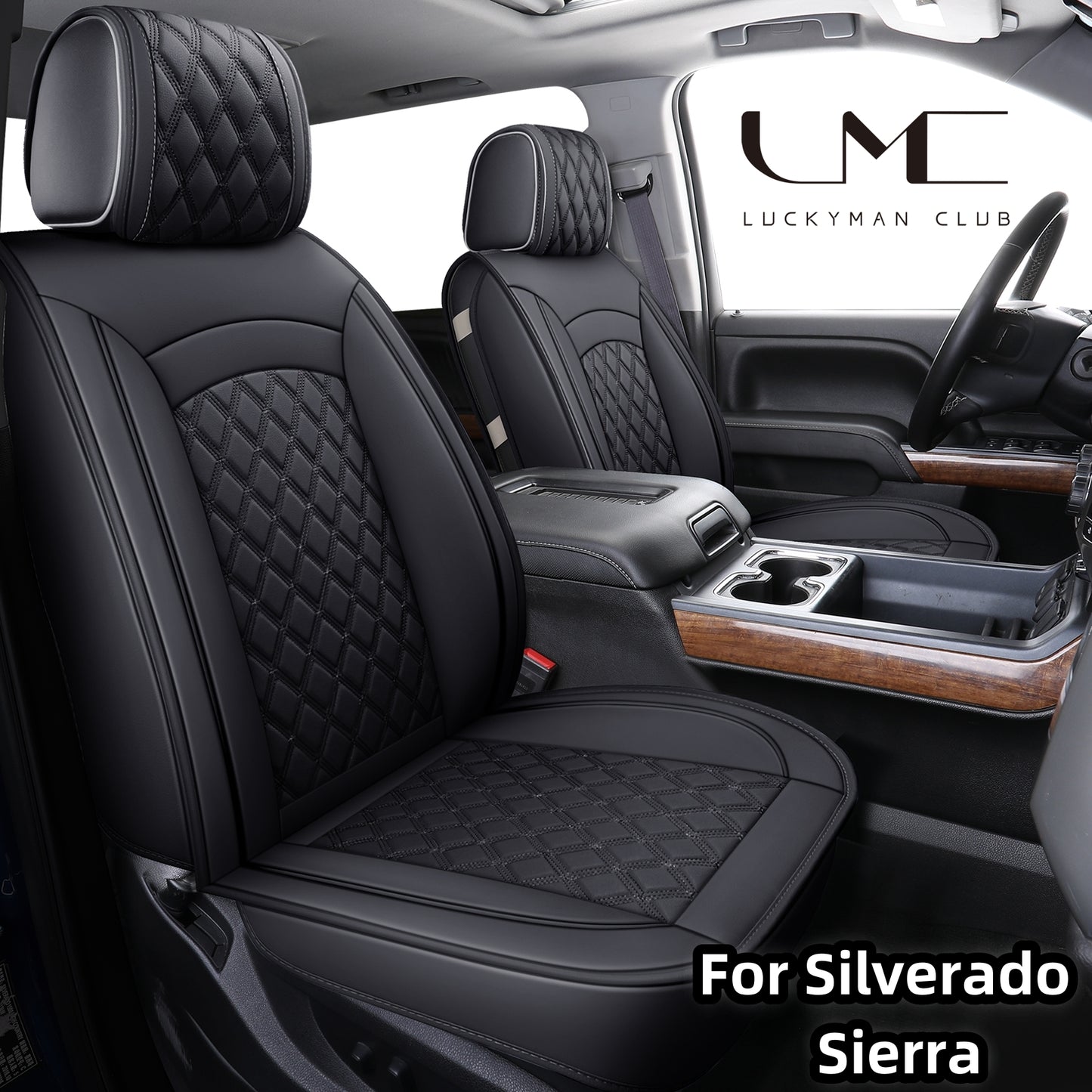 LUCKYMAN CLUB Chevy Silverado GMC Sierra Truck Seat Covers Trail Boss Z71 Pickup 2007-2024 1500 2500HD 3500HD Crew Double Extended Cab Waterproof Leather