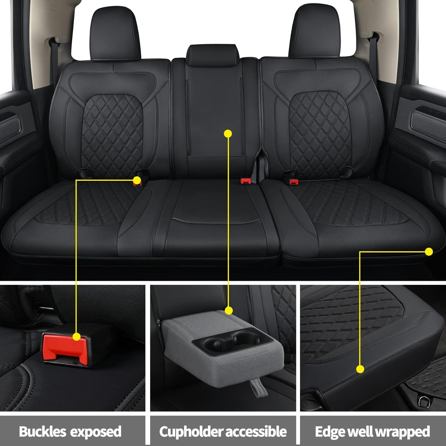 LUCKYMANCLUB Ram 1500Seat Covers,2011-2024,1500/2500/3500Crew Cab Waterproof Seat Covers FullSet, Custom Fit Ram Bighorn Laramie Limited Rebel Longhorn Pickup with 4/6 Split Rear Seat