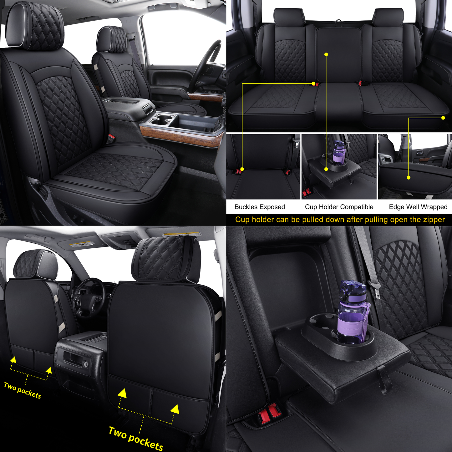 LUCKYMAN CLUB Chevy Silverado GMC Sierra Truck Seat Covers Trail Boss Z71 Pickup 2007-2024 1500 2500HD 3500HD Crew Double Extended Cab Waterproof Leather