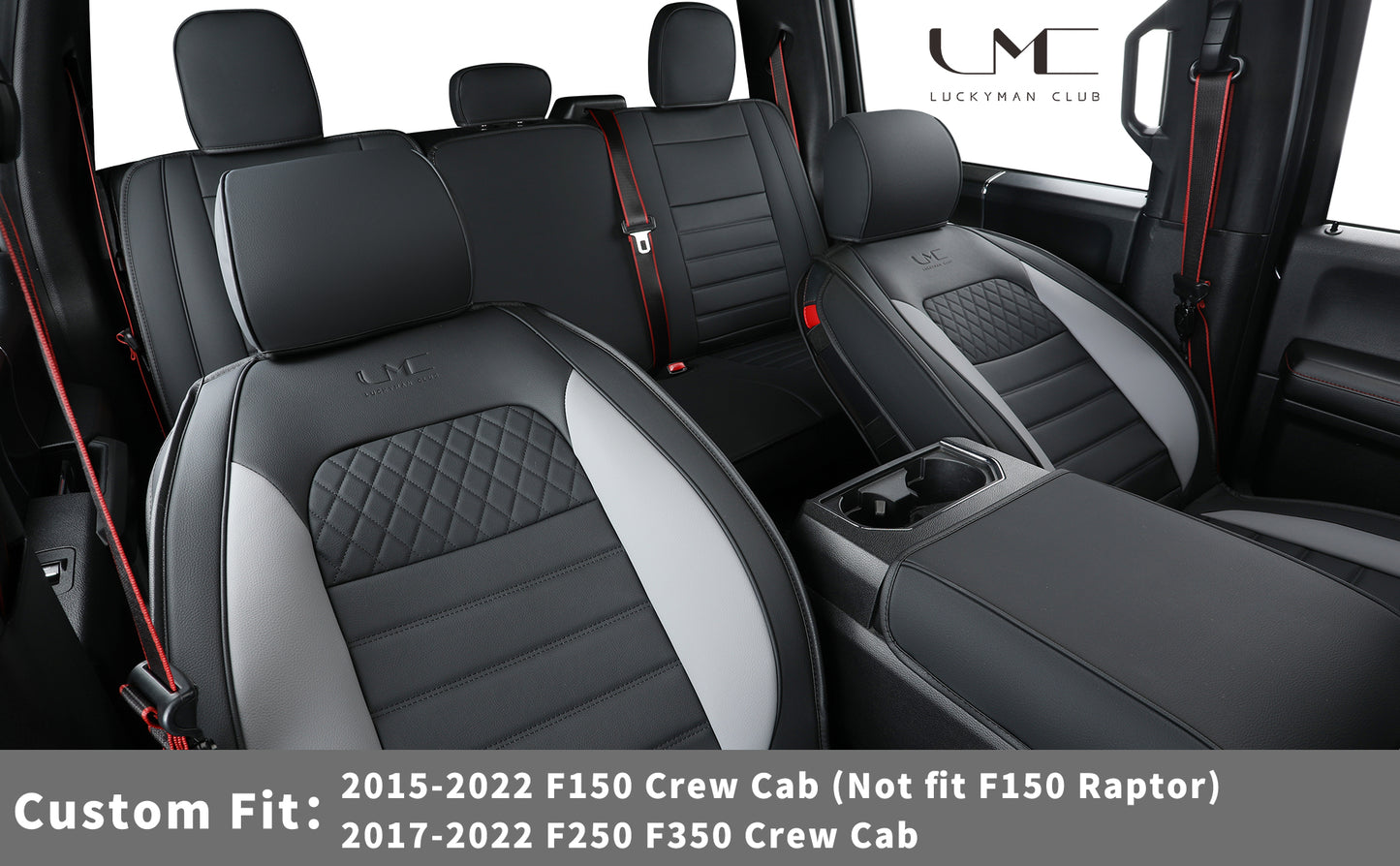 LUCKYMAN CLUB For F150 Faux Leather Seat Covers, For F150 2009-2024 Super Crew Super Cab Regular Cab 2017-2023 For F250 F350 F450 Super Duty Crew Cab