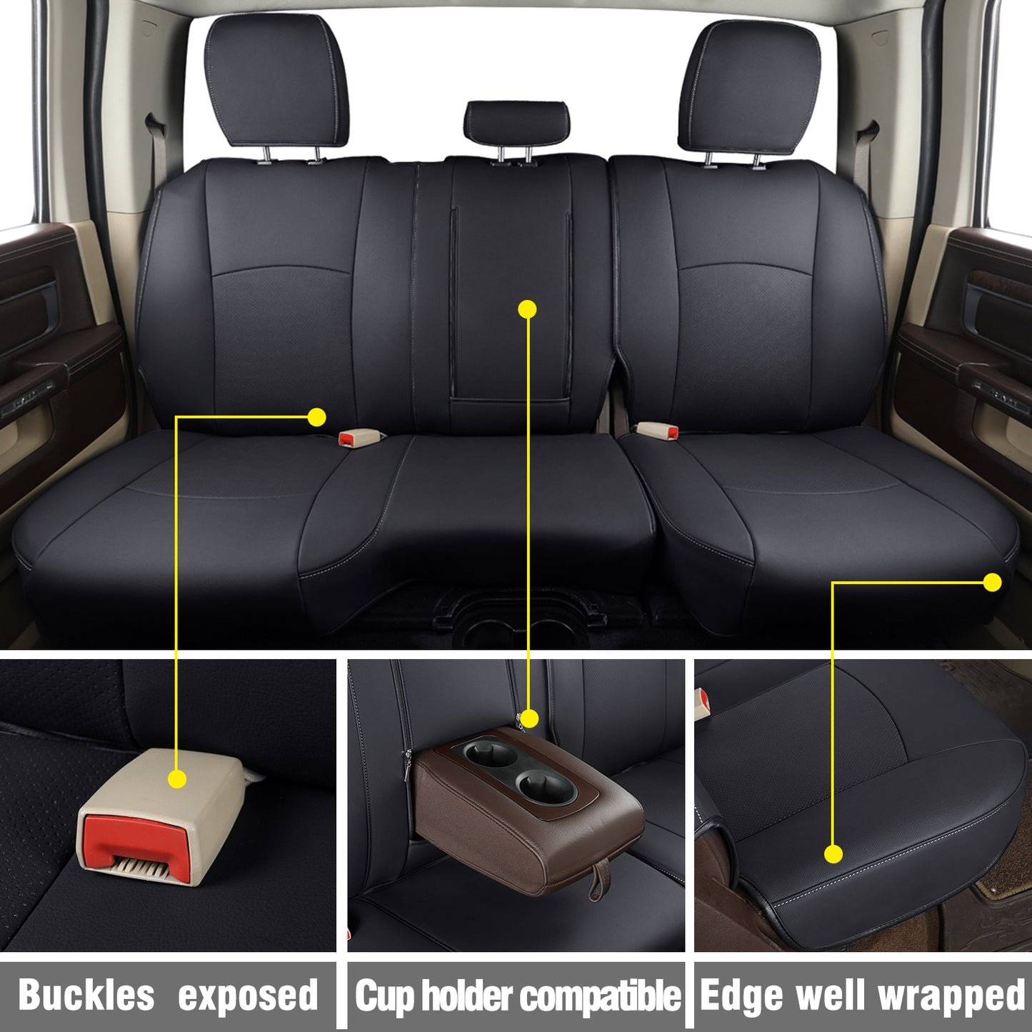 LUCKYMAN CLUB Ram 1500 2011-2019 2020 2021 2022 2023 2024 Crew Cab Waterproof Seat Covers FullSet, Custom Fit Ram Bighorn Laramie Limited Rebel Longhorn Pickup with 4/6 Split Rear Seat