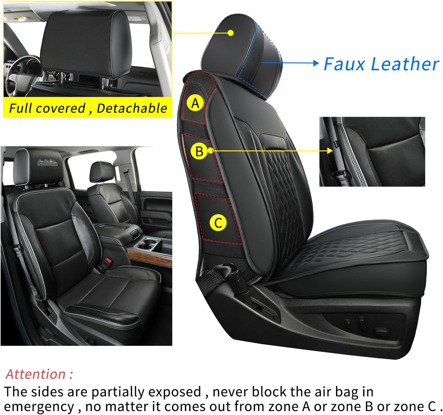 LUCKYMAN CLUB Silverado Faux Leather Seat Covers, Fit for 2014-2024 Chevy Silverado GMC Sierra 1500 and 2020-2024 2500HD 3500HD Crew Cab
