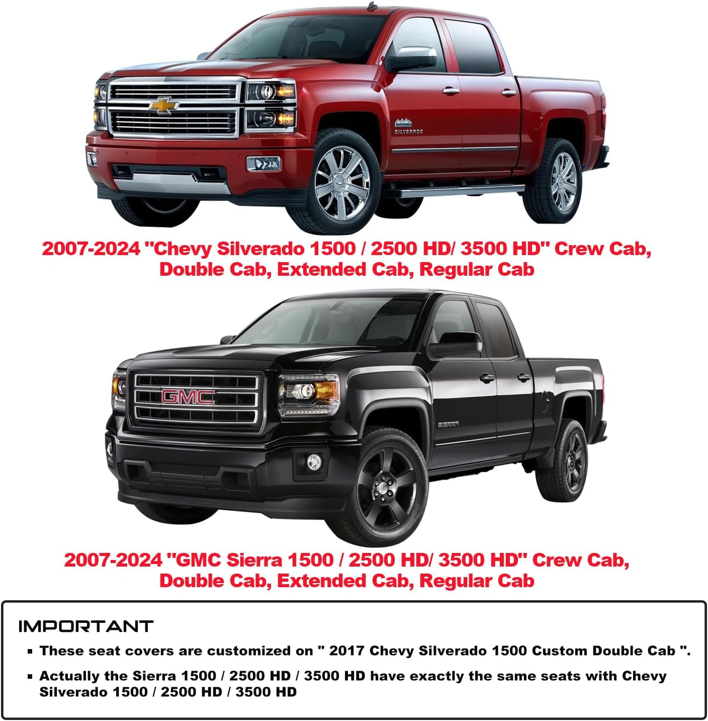 LUCKYMAN CLUB 2007-2024 GMC Sierra Chevy Chevrolet Silverado 1500 2500HD 3500HD Trail Boss Z71 Crew Double Extended Cab Waterproof Leather Truck Pickup Cuchion