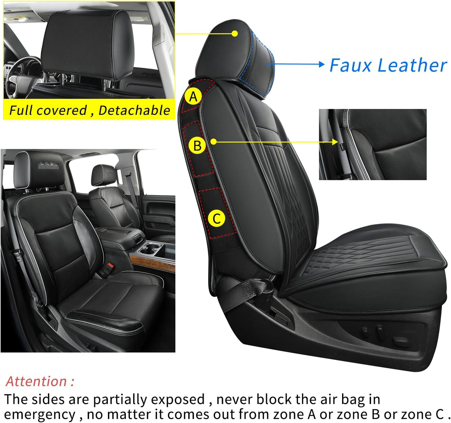 LUCKYMAN CLUB Silverado Faux Leather Seat Covers, Fit for 2014-2024 Chevy Silverado GMC Sierra 1500 and 2020-2024 2500HD 3500HD Crew Cab