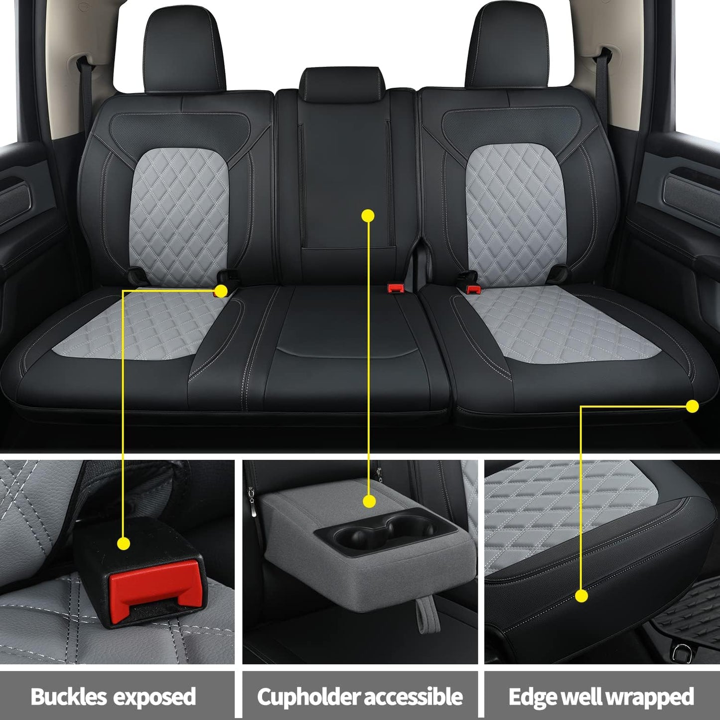 LUCKYMANCLUB Ram 1500Seat Covers,2011-2024,1500/2500/3500Crew Cab Waterproof Seat Covers FullSet, Custom Fit Ram Bighorn Laramie Limited Rebel Longhorn Pickup with 4/6 Split Rear Seat