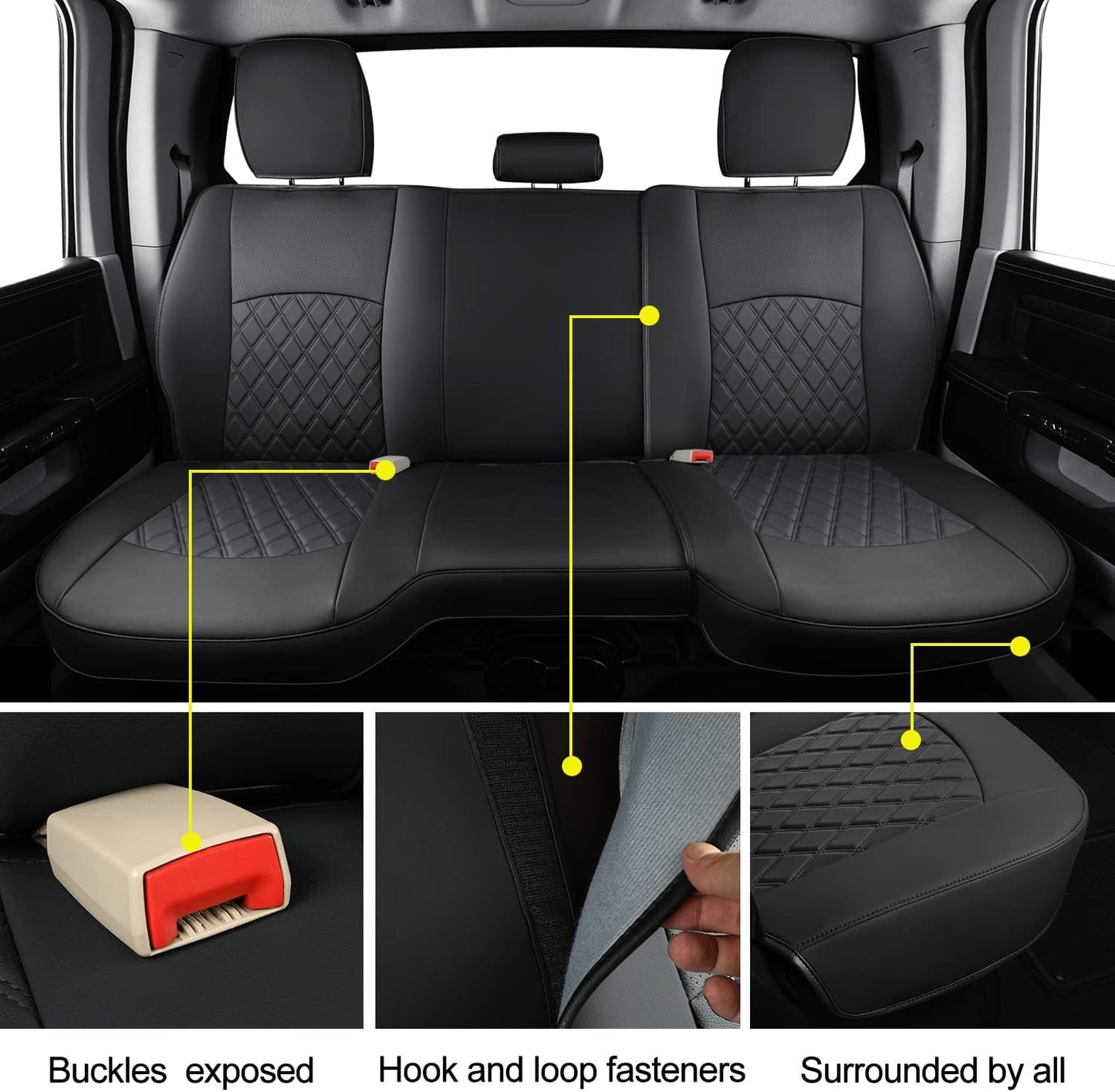 LUCKYMANCLUB Ram 1500Seat Covers,2011-2024,1500/2500/3500Crew Cab Waterproof Seat Covers FullSet, Custom Fit Ram Bighorn Laramie Limited Rebel Longhorn Pickup with 4/6 Split Rear Seat