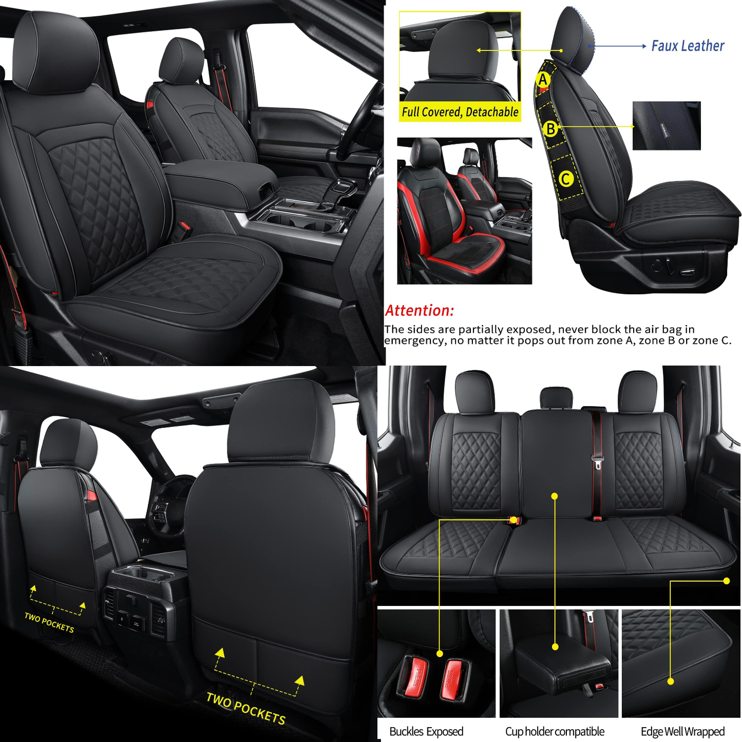 LUCKYMAN CLUB F150 Faux Leather Seat Covers Fit for 2015-2024 F150 SuperCrew and 2017-2024 F250 F350 F450 Super Duty Crew Cab Pickup Trucks