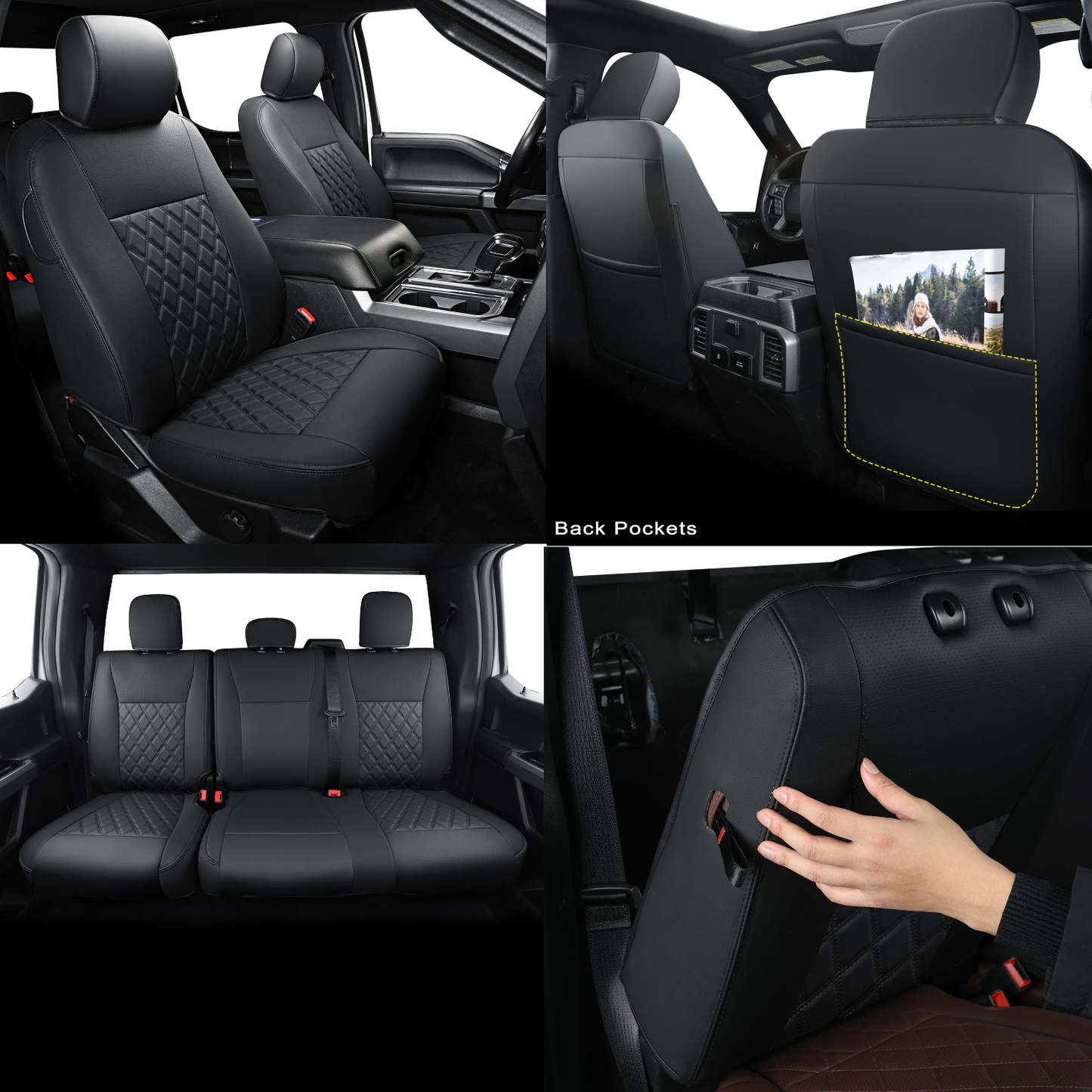 LUCKYMAN CLUB F150 SuperCrew 2009-2024 Custom Pickup Car Truck Seat Covers XLT, Waterproof Faux Leather, Full Coverage, Also Fit 2010-2024 F250/F350/F450