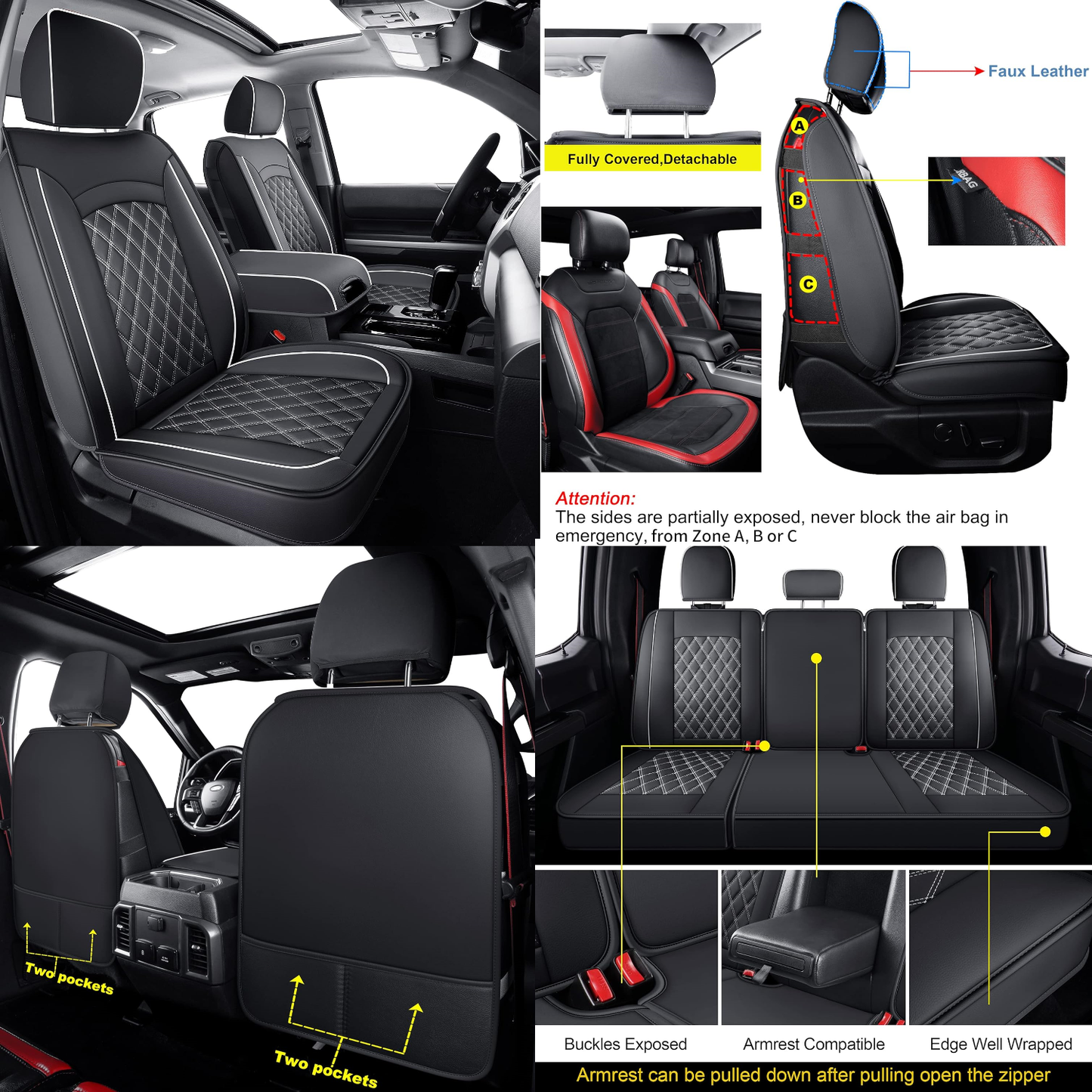 LUCKYMAN CLUB F150 Faux Leather Seat Covers Fit for 2015-2024 F150 SuperCrew and 2017-2024 F250 F350 F450 Super Duty Crew Cab Pickup Trucks
