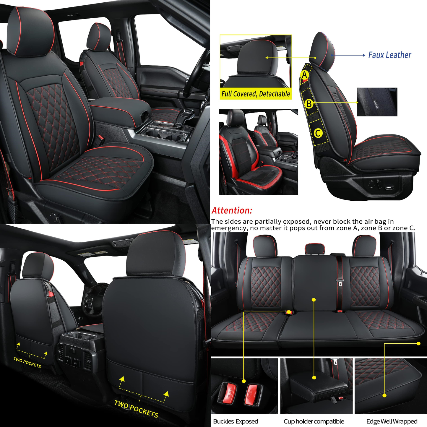 LUCKYMAN CLUB F150 Faux Leather Seat Covers Fit for 2015-2024 F150 SuperCrew and 2017-2024 F250 F350 F450 Super Duty Crew Cab Pickup Trucks