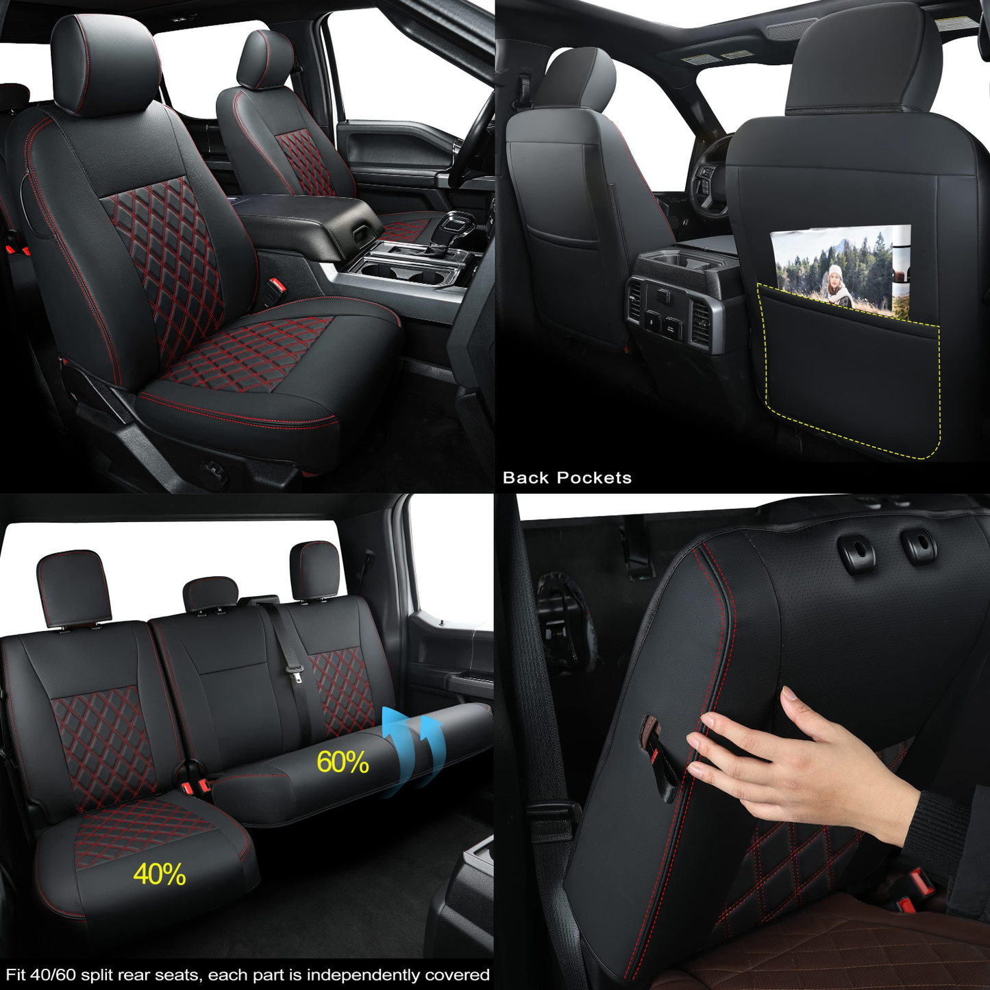 LUCKYMAN CLUB F150 SuperCrew 2009-2024 Custom Pickup Car Truck Seat Covers XLT, Waterproof Faux Leather, Full Coverage, Also Fit 2010-2024 F250/F350/F450