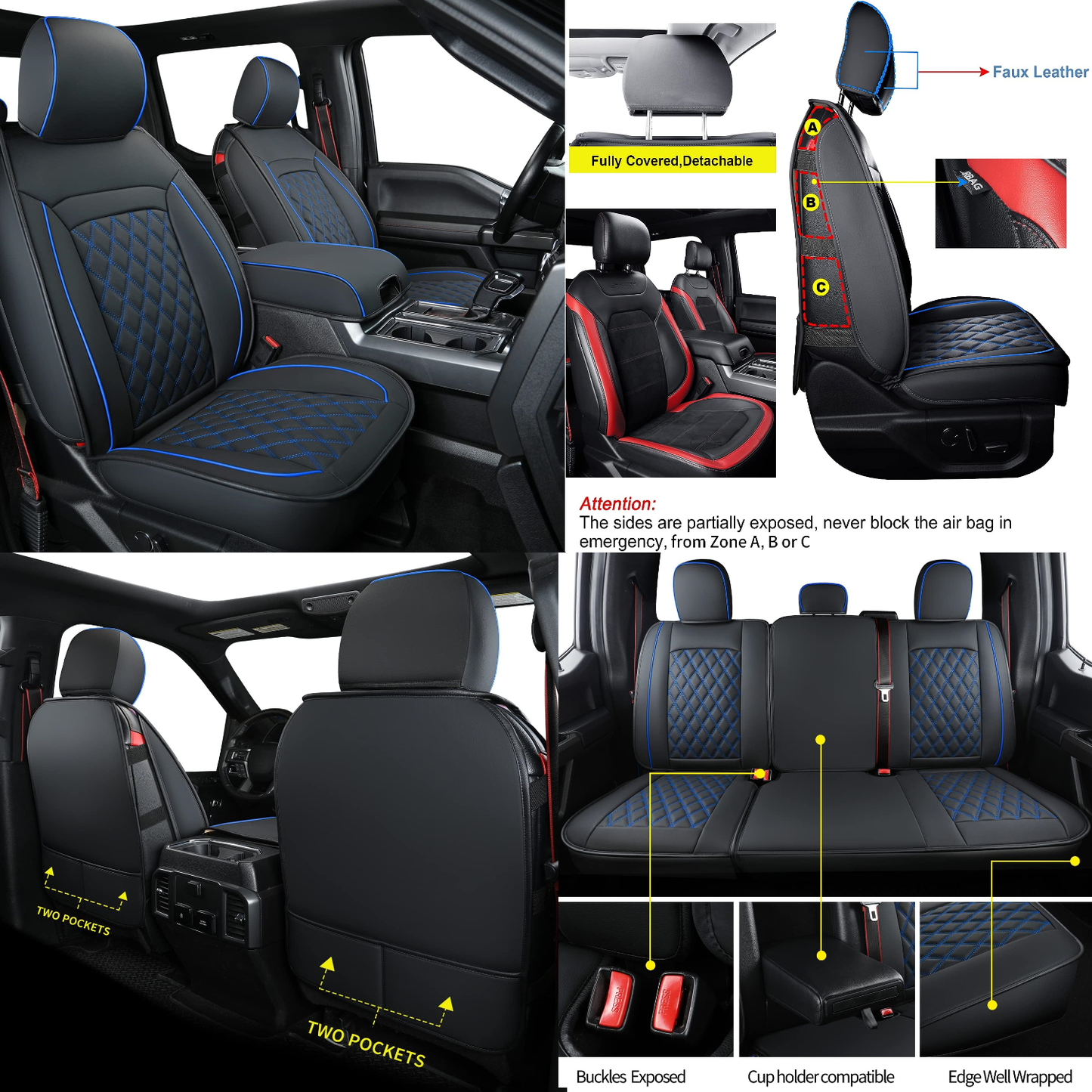 LUCKYMAN CLUB F150 Faux Leather Seat Covers Fit for 2015-2024 F150 SuperCrew and 2017-2024 F250 F350 F450 Super Duty Crew Cab Pickup Trucks