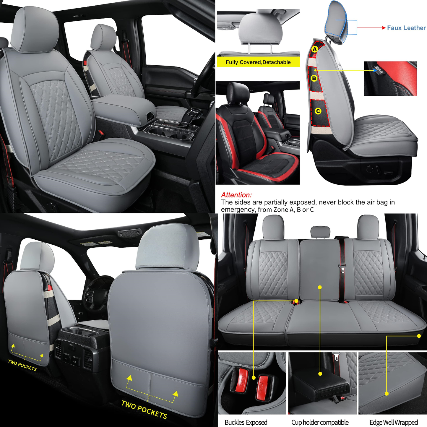 LUCKYMAN CLUB F150 Faux Leather Seat Covers Fit for 2015-2024 F150 SuperCrew and 2017-2024 F250 F350 F450 Super Duty Crew Cab Pickup Trucks
