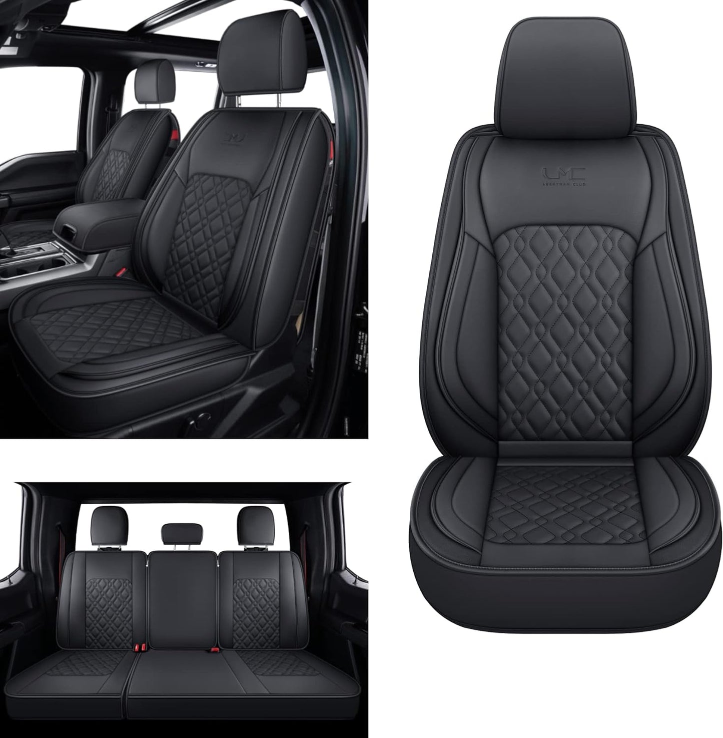 LUCKYMANCLUB F150 Full-Set Seat Covers J03-Q3 with Waterproof Faux Leather, Fit 2015-2024 Ford F150 and 2017-2024 F250 F350 F450