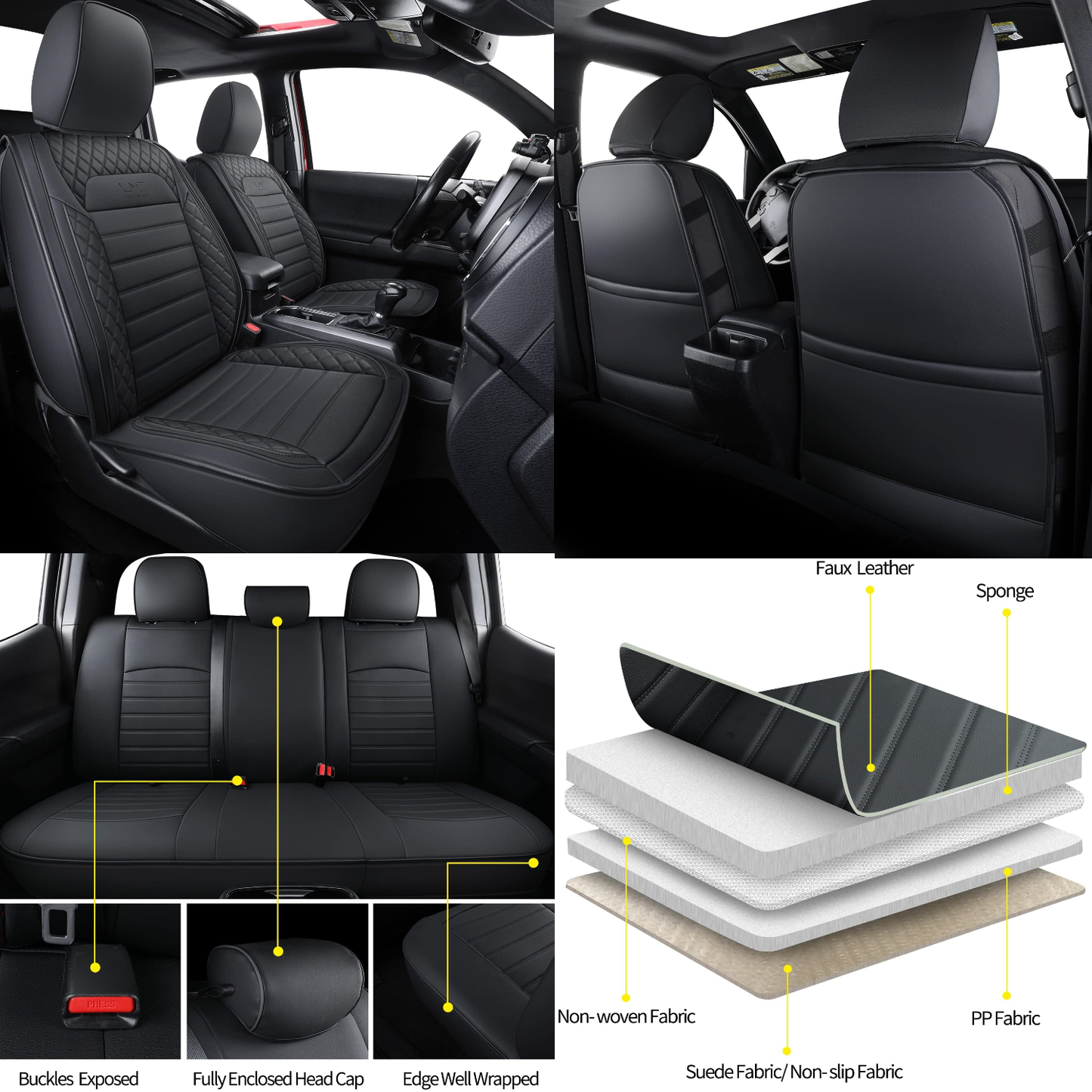 LUCKYMAN CLUB Tacoma Seat Covers, Fit for 2005-2023 Tacoma Crew Cab/Double Cab SR SR5 TRD Sport TRD Off-Road PreRunner with Water Proof Faux Leather