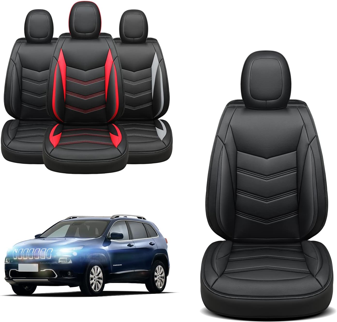 LUCKYMAN CLUB Jeep Cherokee Custom Seat Covers Fit 2014 2015 2016 2017 2018 2019 2020 2021 2022 2023 2024 years Cushions with Waterproof Faux Leather Car Accessories