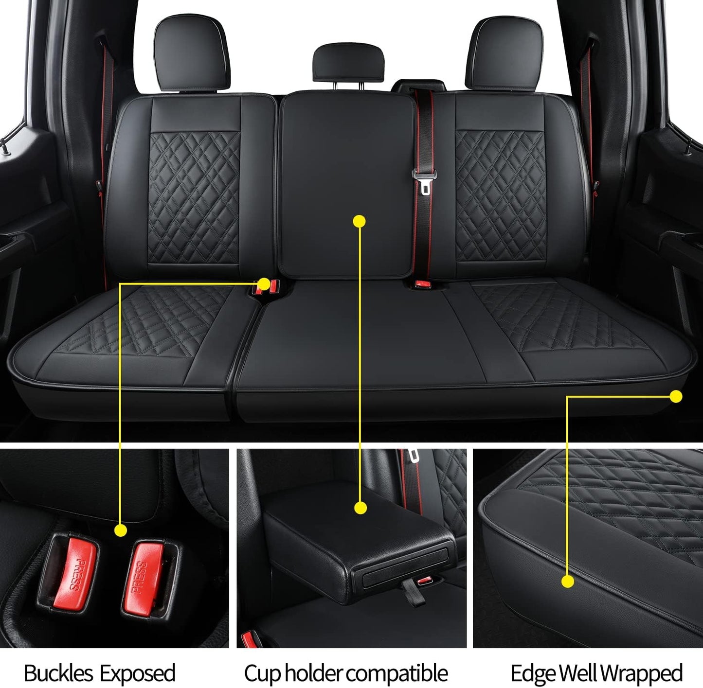 LUCKYMAN CLUB Ford F150 seat covers Fit 2009-2024 F150 SuperCrew and 2017-2024 F250 F350 F450 Crew Cab  With armrest box cushion, all seasons, waterproof leather cushions