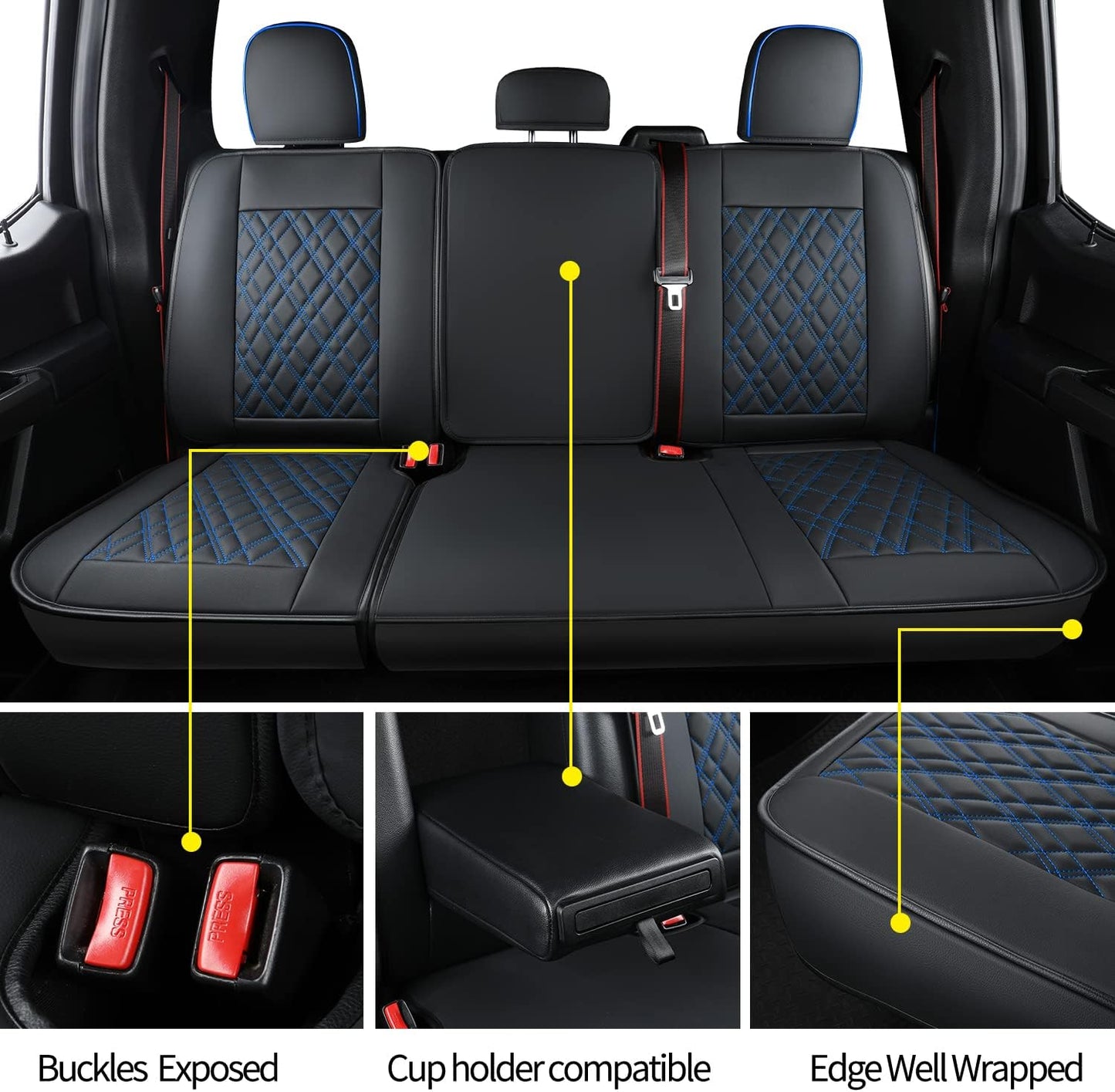 LUCKYMAN CLUB Ford F150 seat covers Fit 2009-2024 F150 SuperCrew and 2017-2024 F250 F350 F450 Crew Cab  With armrest box cushion, all seasons, waterproof leather cushions