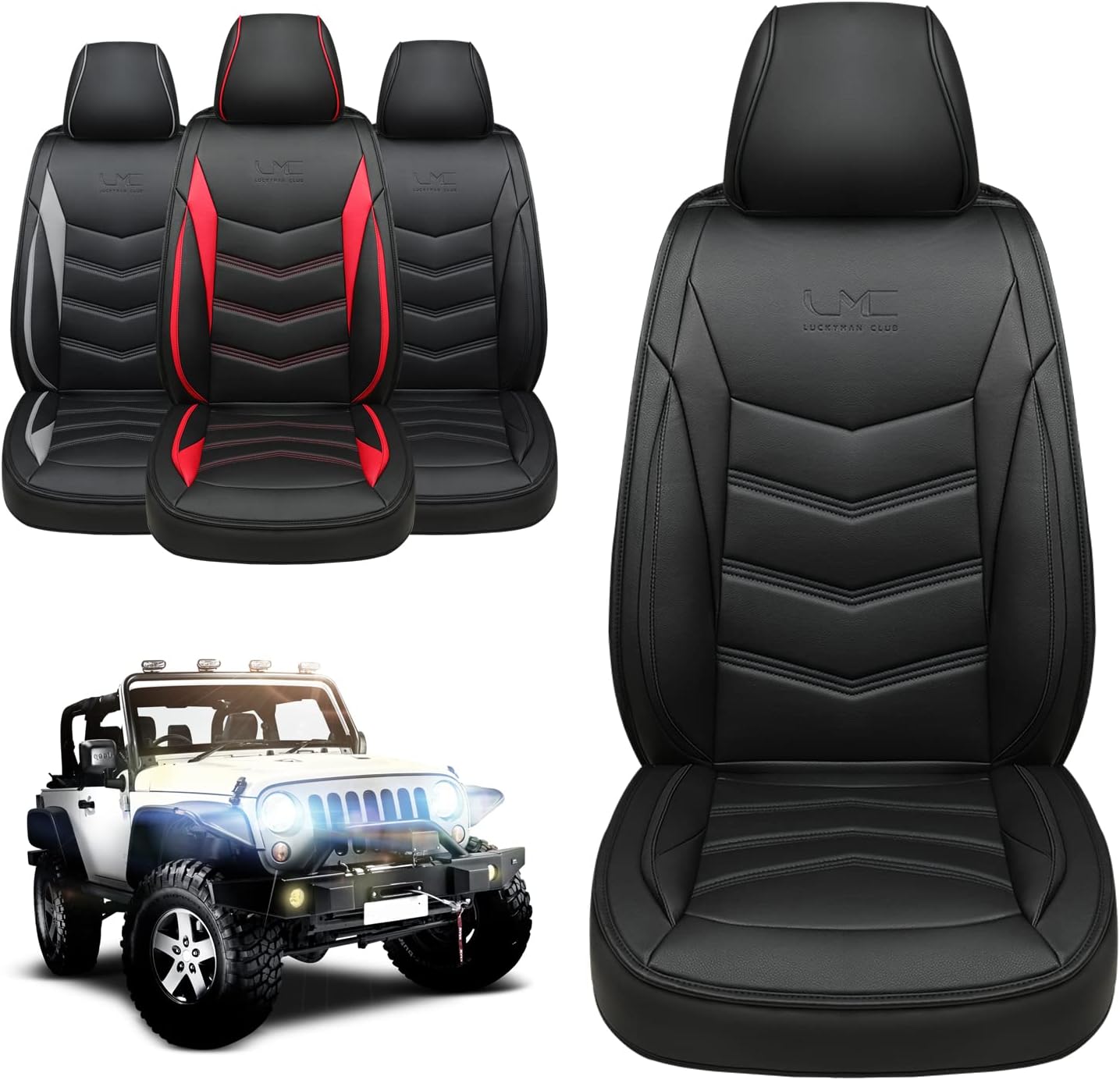 LUCKYMAN CLUB Wrangler Custom Pickup Car Truck Seat Covers Full Set, Fit 2013-2024 Wrangler 4-Door JL Sahara Rubicon, Waterproof Faux Leather