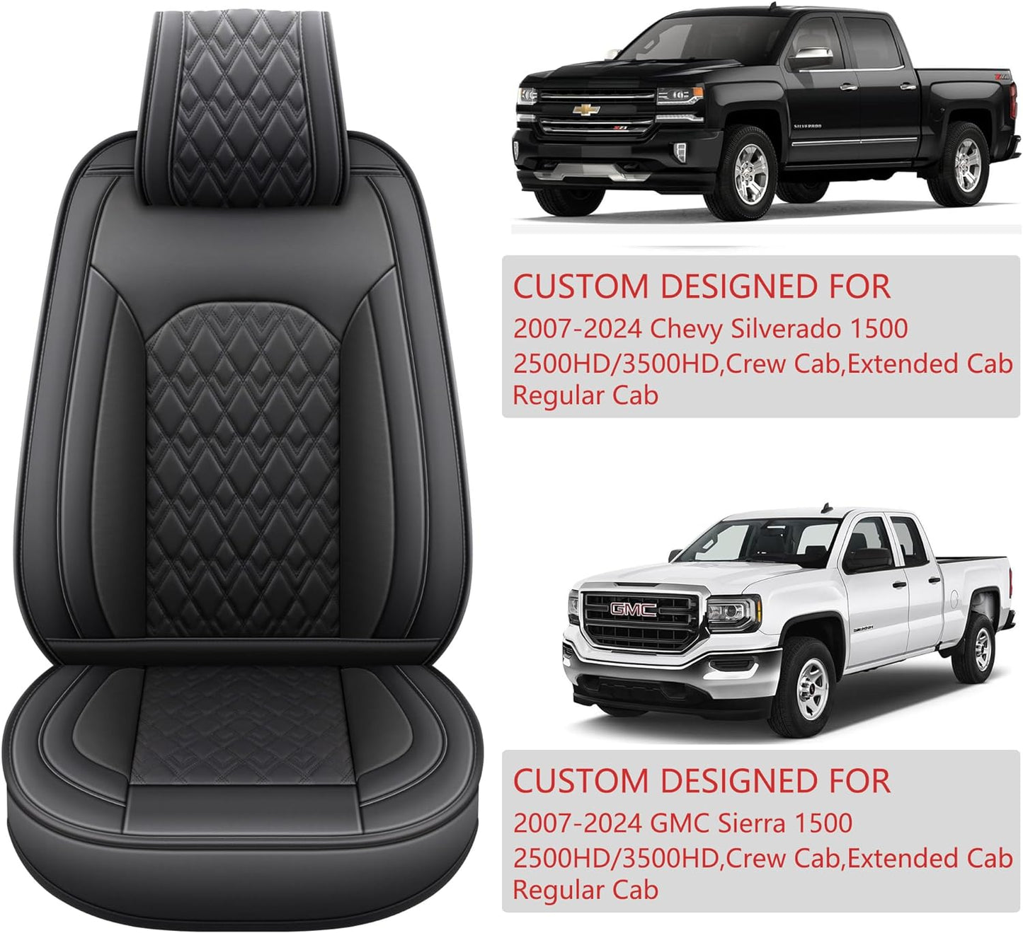 LUCKYMAN CLUB Chevy Silverado Seat Covers,Leather Seat Covers for GMC Sierra,Custom Fit 2007-2024 1500 2500HD 3500HD Crew Double Extended Regular Cab,LT LZT RST