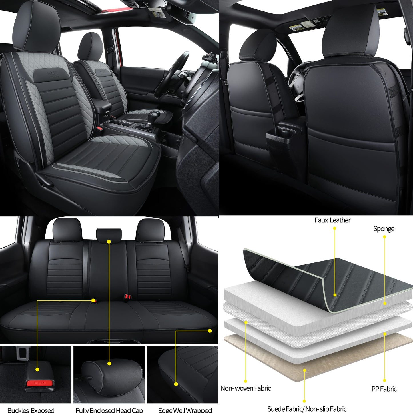 LUCKYMAN CLUB Tacoma Seat Covers, Fit for 2005-2023 Tacoma Crew Cab/Double Cab SR SR5 TRD Sport TRD Off-Road PreRunner with Water Proof Faux Leather