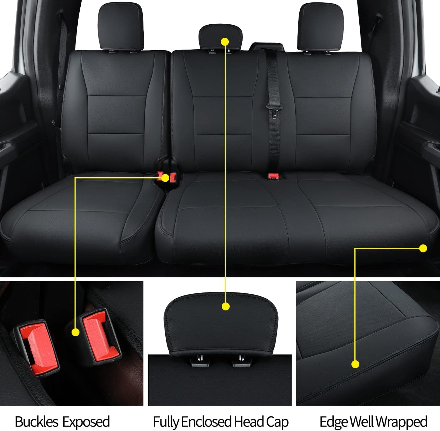 LUCKYMANCLUB F150 Faux Leather Seat Covers, Custom fit 2015-2024 Ford F150 SuperCrew, and 2017-2024 F250 F350 F450 Super Duty Crew Cab