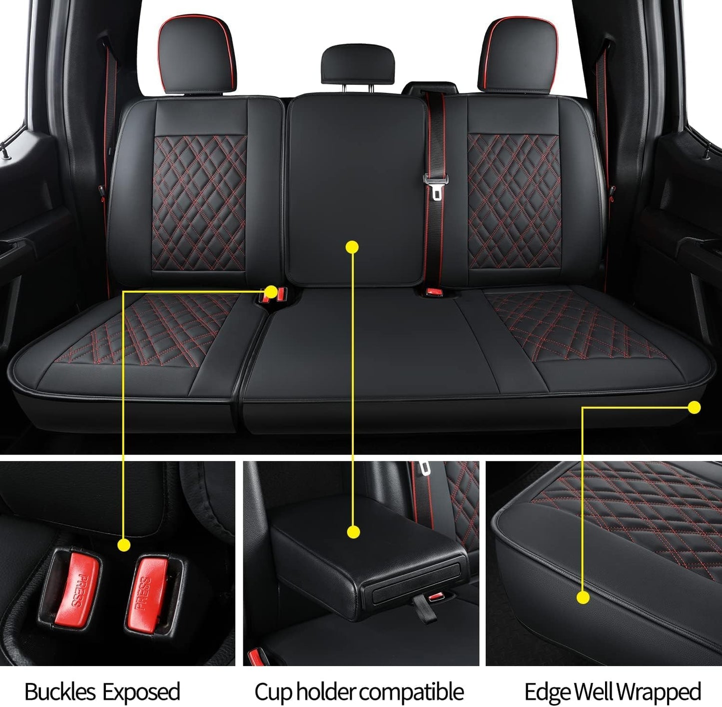 LUCKYMAN CLUB Ford F150 seat covers Fit 2009-2024 F150 SuperCrew and 2017-2024 F250 F350 F450 Crew Cab  With armrest box cushion, all seasons, waterproof leather cushions