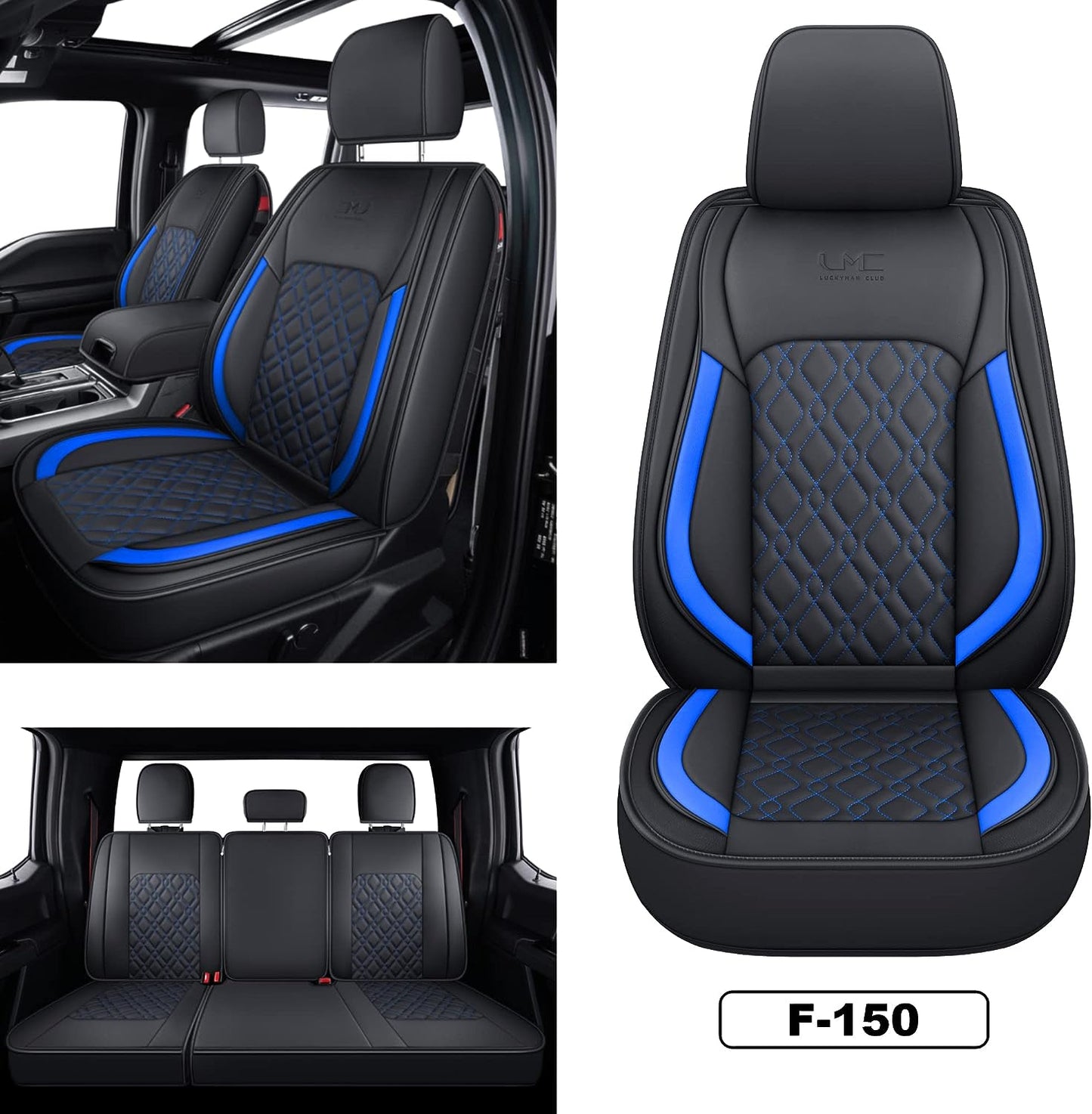 LUCKYMANCLUB F150 Full-Set Seat Covers J03-Q3 with Waterproof Faux Leather, Fit 2015-2024 Ford F150 and 2017-2024 F250 F350 F450