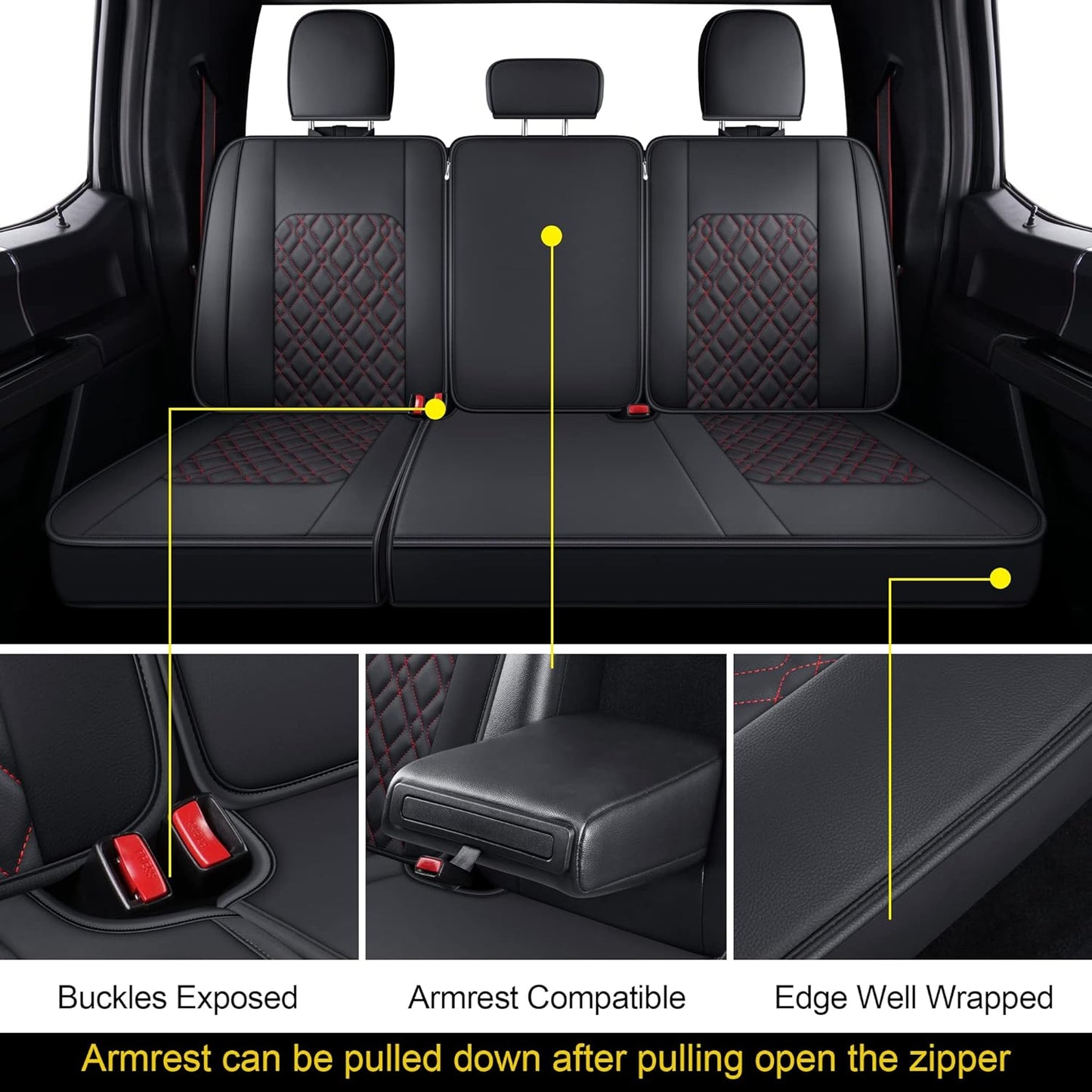 LUCKYMANCLUB F150 Full-Set Seat Covers J03-Q3 with Waterproof Faux Leather, Fit 2015-2024 Ford F150 and 2017-2024 F250 F350 F450