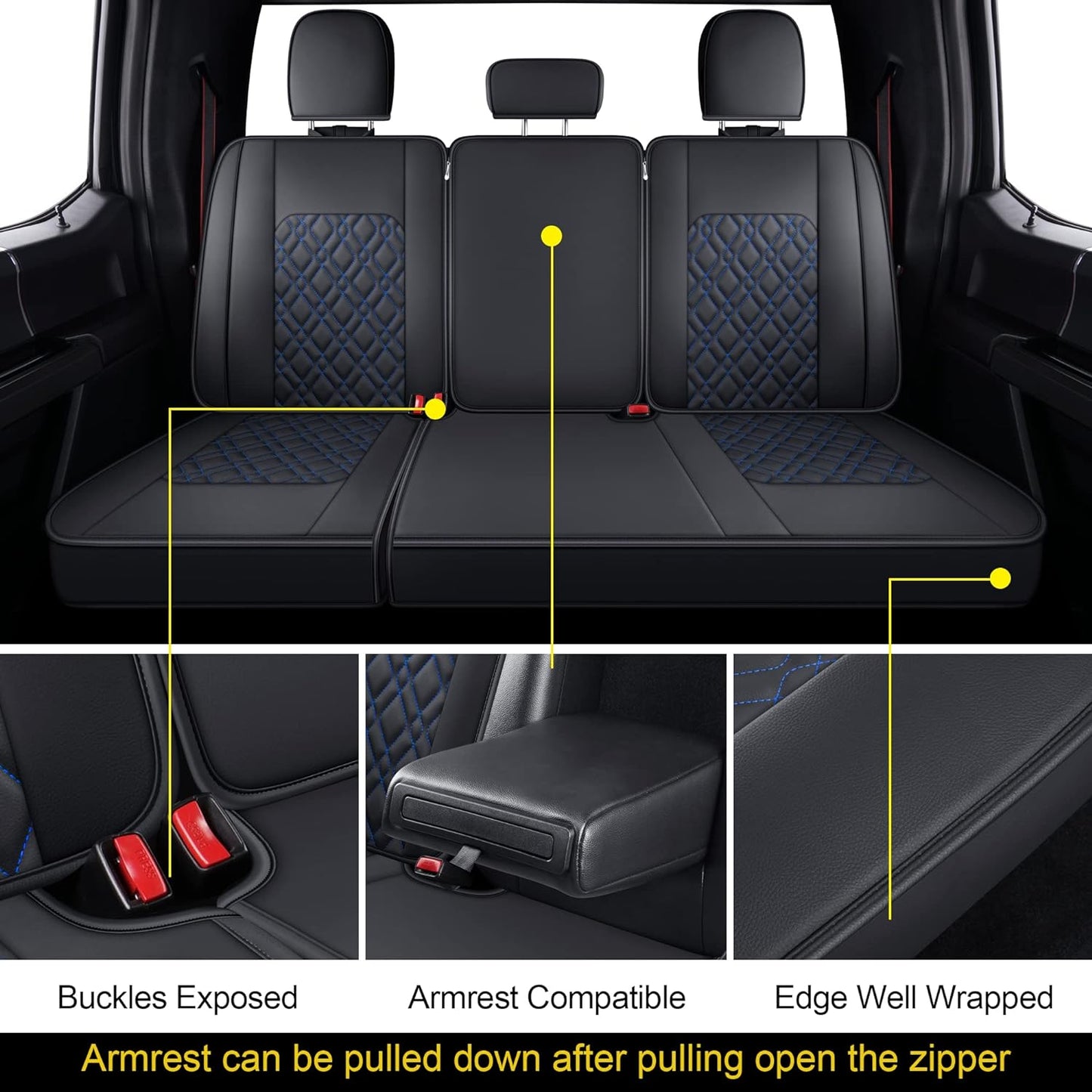 LUCKYMANCLUB F150 Full-Set Seat Covers J03-Q3 with Waterproof Faux Leather, Fit 2015-2024 Ford F150 and 2017-2024 F250 F350 F450
