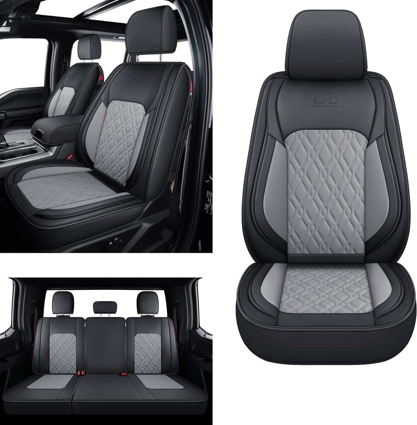 LUCKYMANCLUB F150 Full-Set Seat Covers J03-Q3 with Waterproof Faux Leather, Fit 2015-2024 Ford F150 and 2017-2024 F250 F350 F450