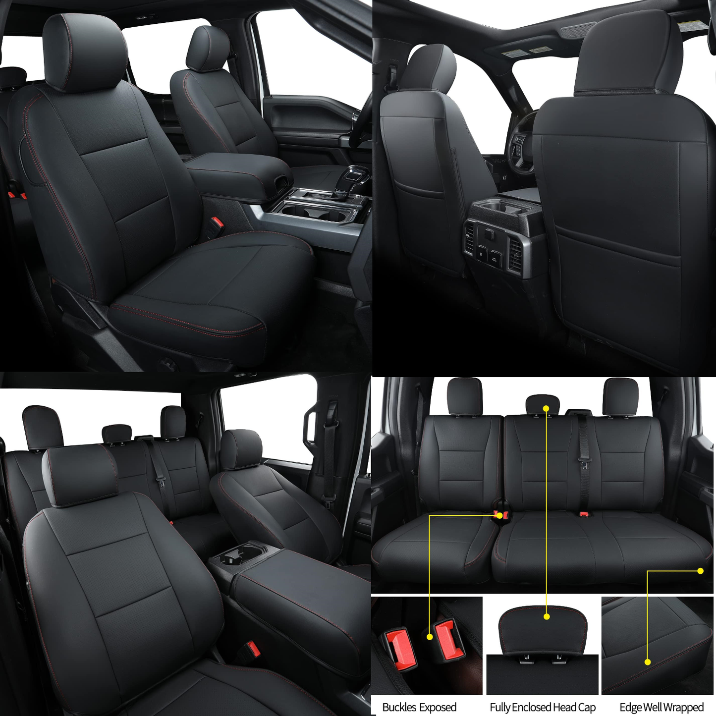 LUCKYMANCLUB F150 Faux Leather Seat Covers, Custom fit 2015-2024 Ford F150 SuperCrew, and 2017-2024 F250 F350 F450 Super Duty Crew Cab
