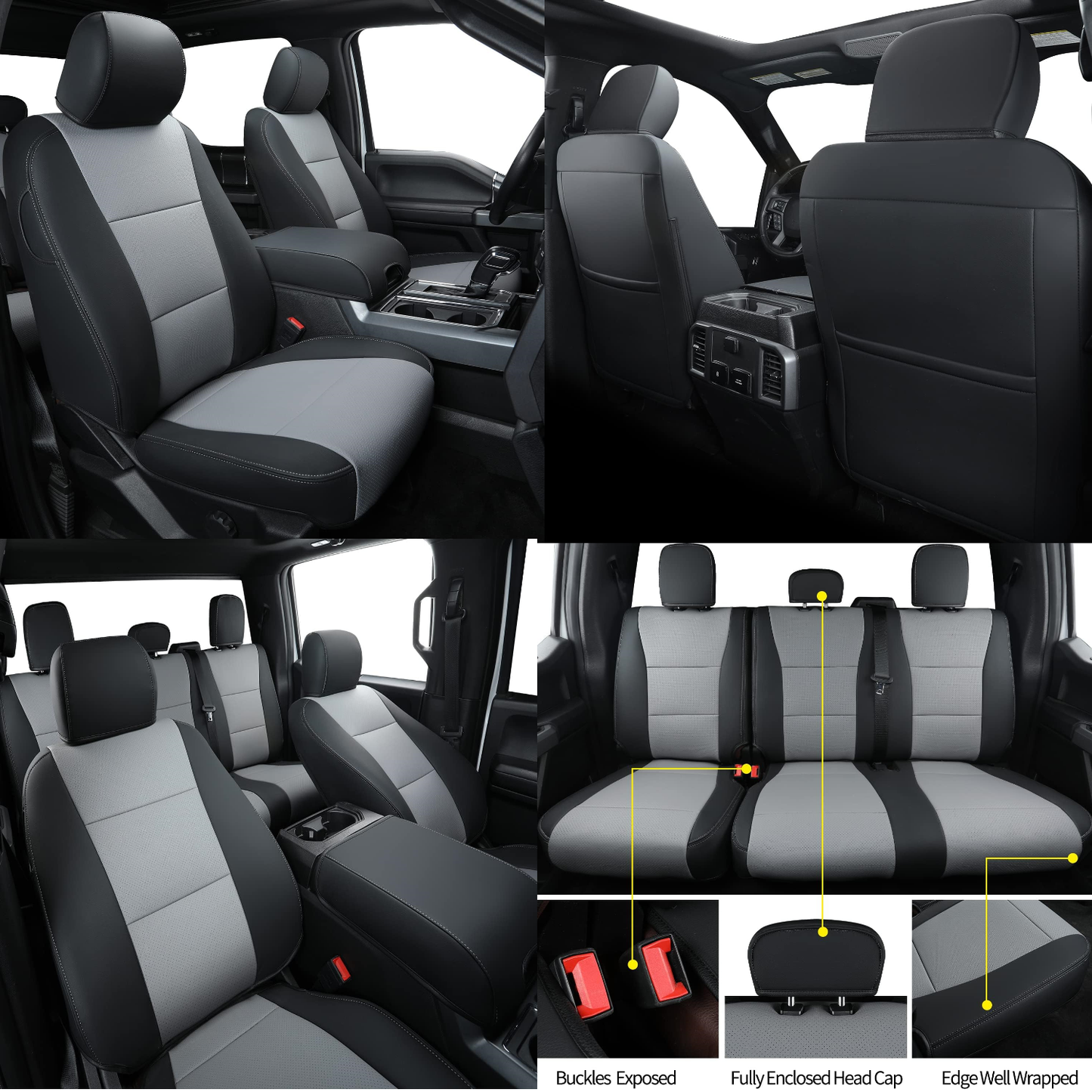 LUCKYMANCLUB F150 Faux Leather Seat Covers, Custom fit 2015-2024 Ford F150 SuperCrew, and 2017-2024 F250 F350 F450 Super Duty Crew Cab